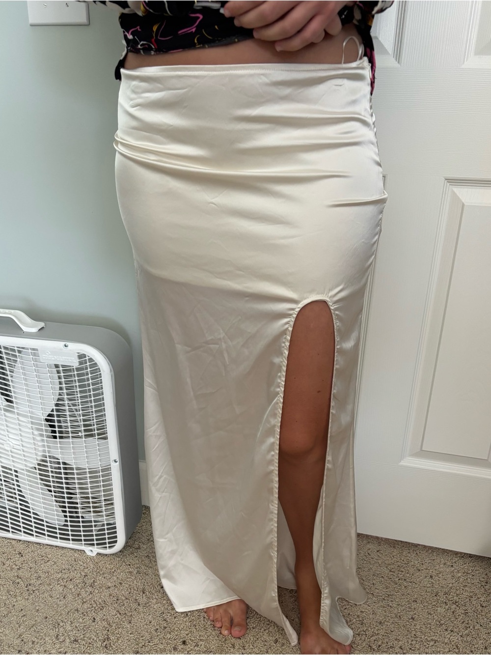 Satin Cream Maxi Skirt with High Side Slit